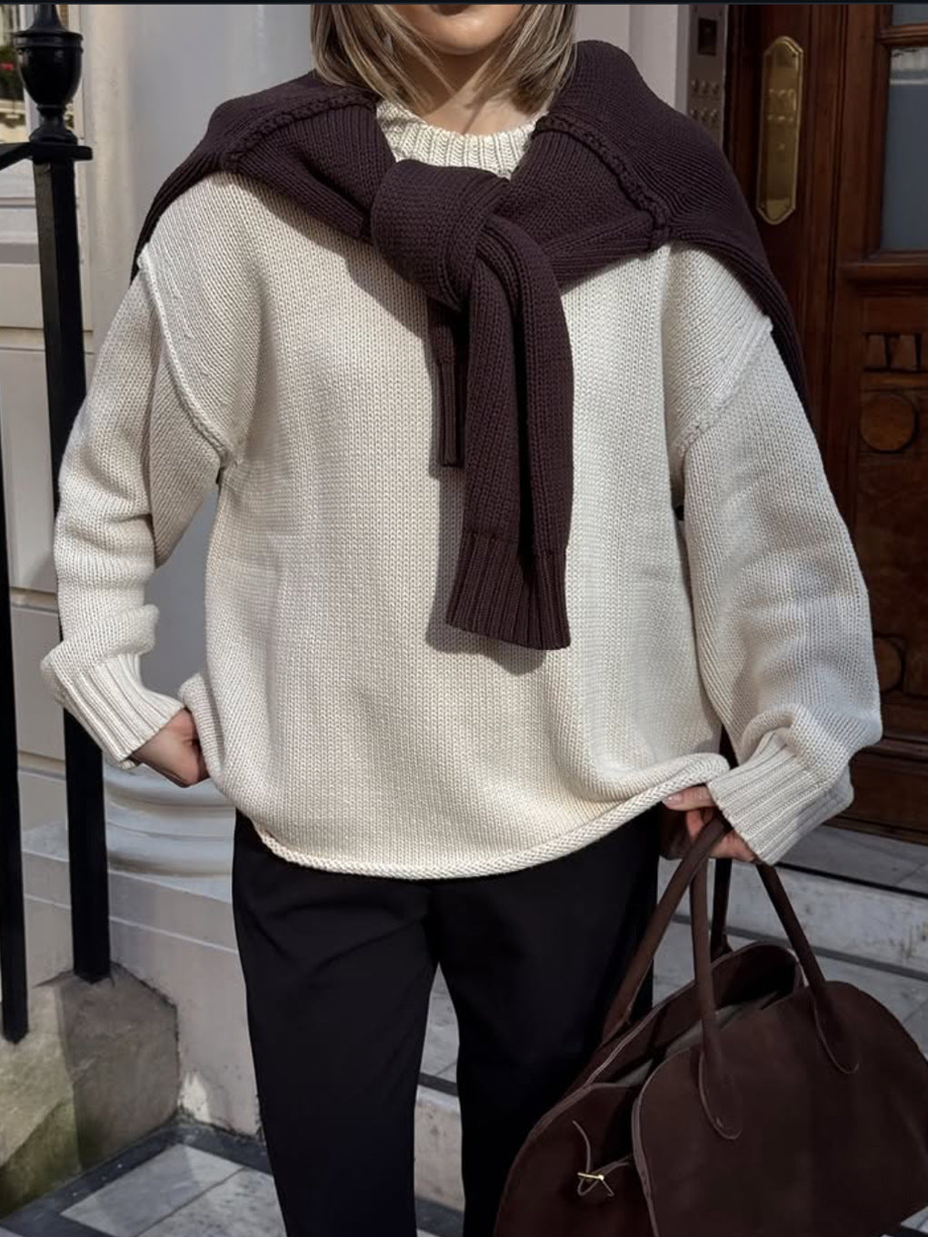 Round Neck Reverse Sweater Solid Color Casual Knitted Top