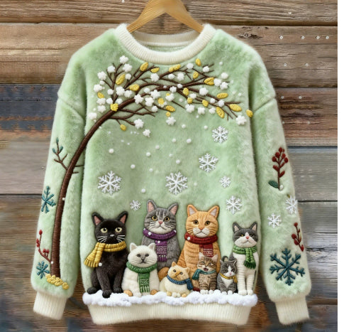 Dame sweatshirt med printet katte julemotiv og rund hals