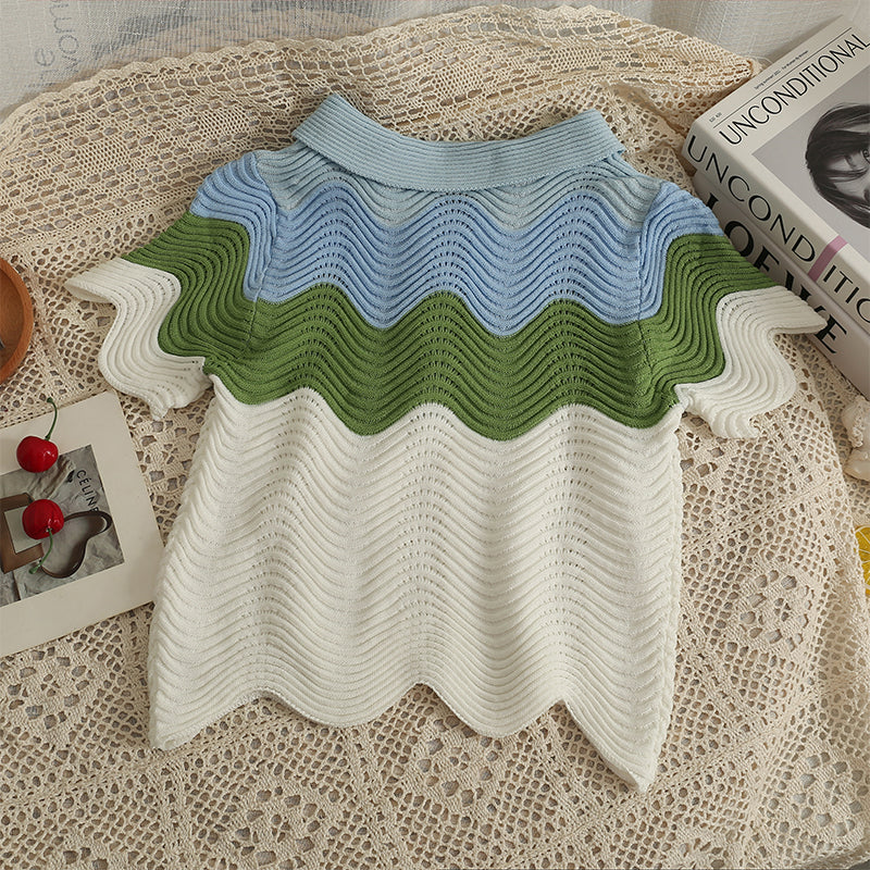 Splice Wavy Edge Short Sleeve Knitted T-shirt For Women