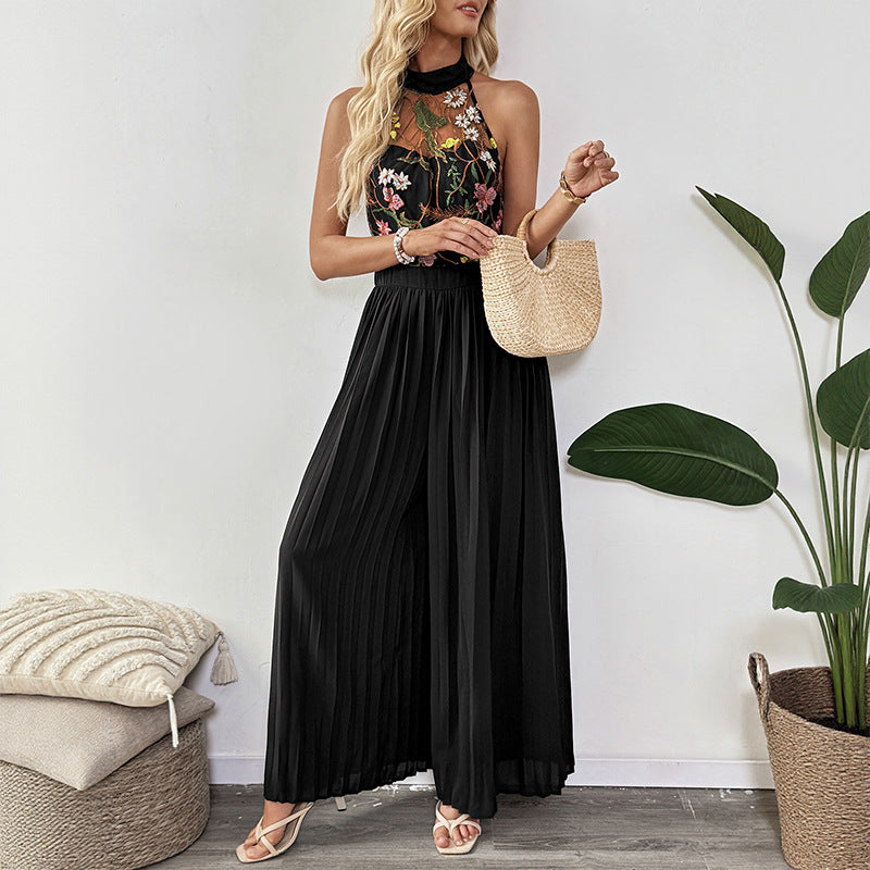 Halter Ærmeløs Blondebroderi Syning Vide Ben Jumpsuit