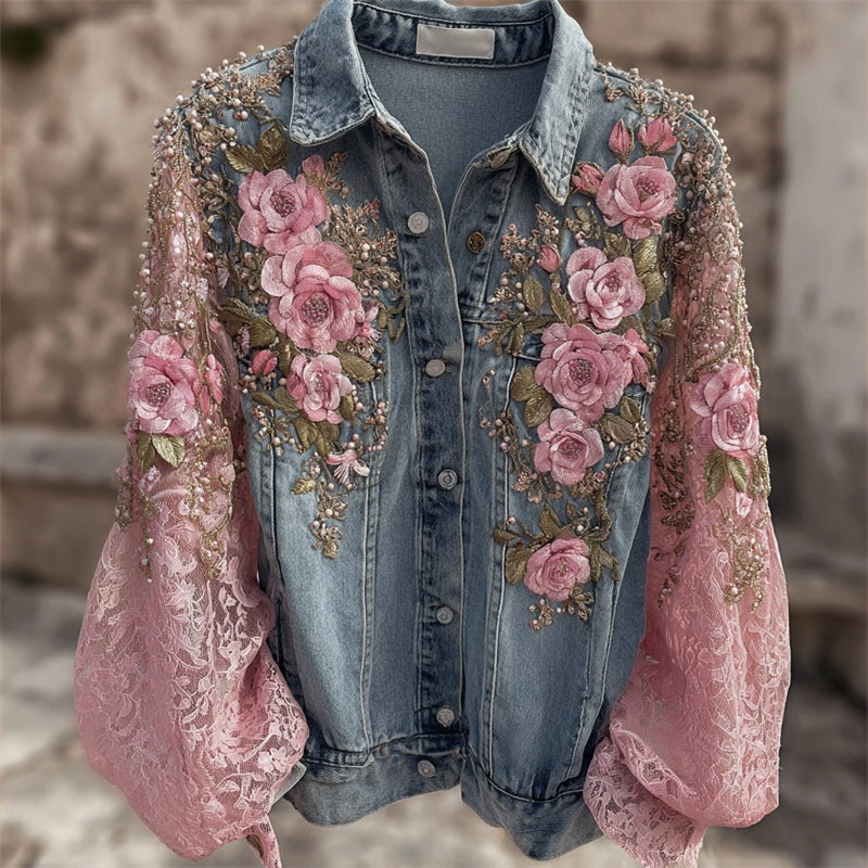 Women's Vintage Patchwork Print Turned Hem Denim Jacket