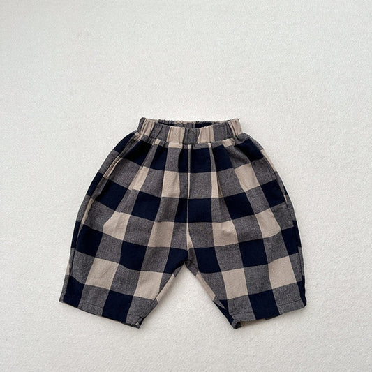 Retro Blue Plaid Casual Capri Pants Children's Middle Pants