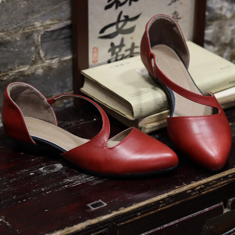 Women's Pointed Toe Slanted Flat Hollow Vintage Leather Sandals