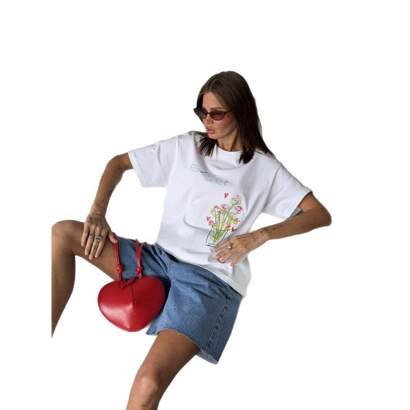 All-match Commuter-friendly Cotton Short-sleeve Top With A Printed Design