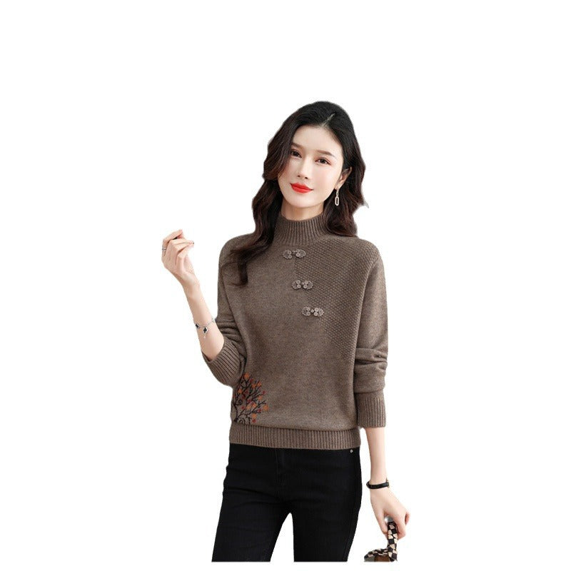 Chinese Style Half Turtleneck Bottoming Shirt Middle-aged Mom Sweater Chinese Knot Button Top