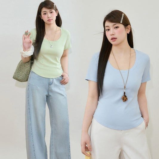 Slightly Chubby Mm Front Shoulder Slim Fit And Slimming Large U-neck Short Sleeved Shirt