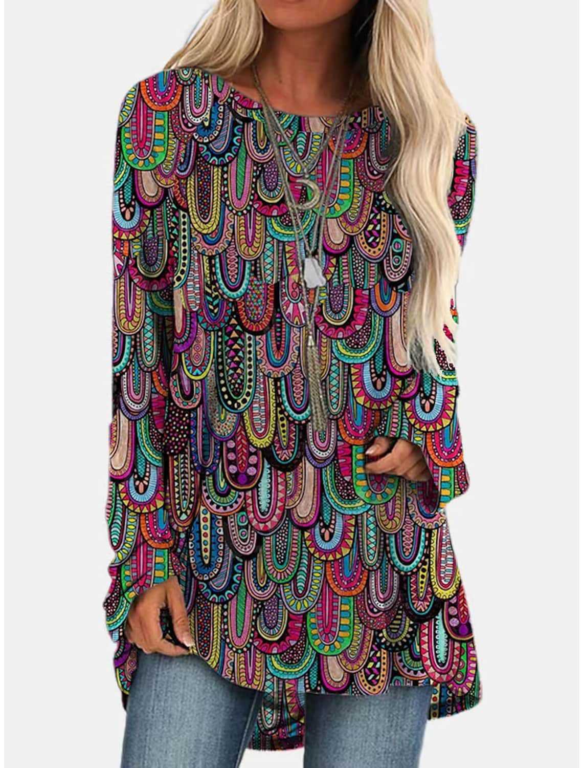 Lang T-shirtkjole i retro etnisk stil
