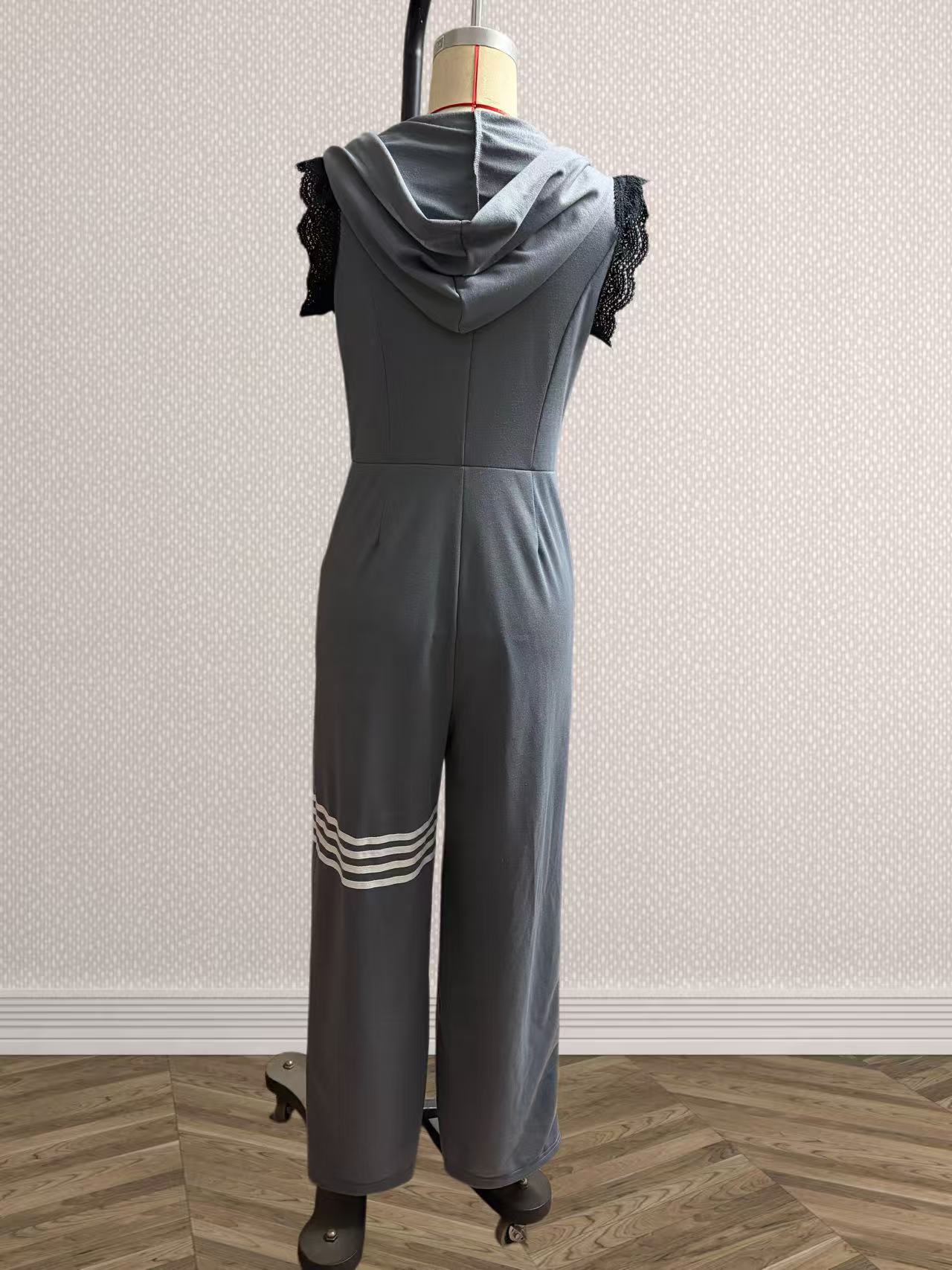 New Style Sporty Retro Lace Striped Sleeveless Hooded Jumpsuit