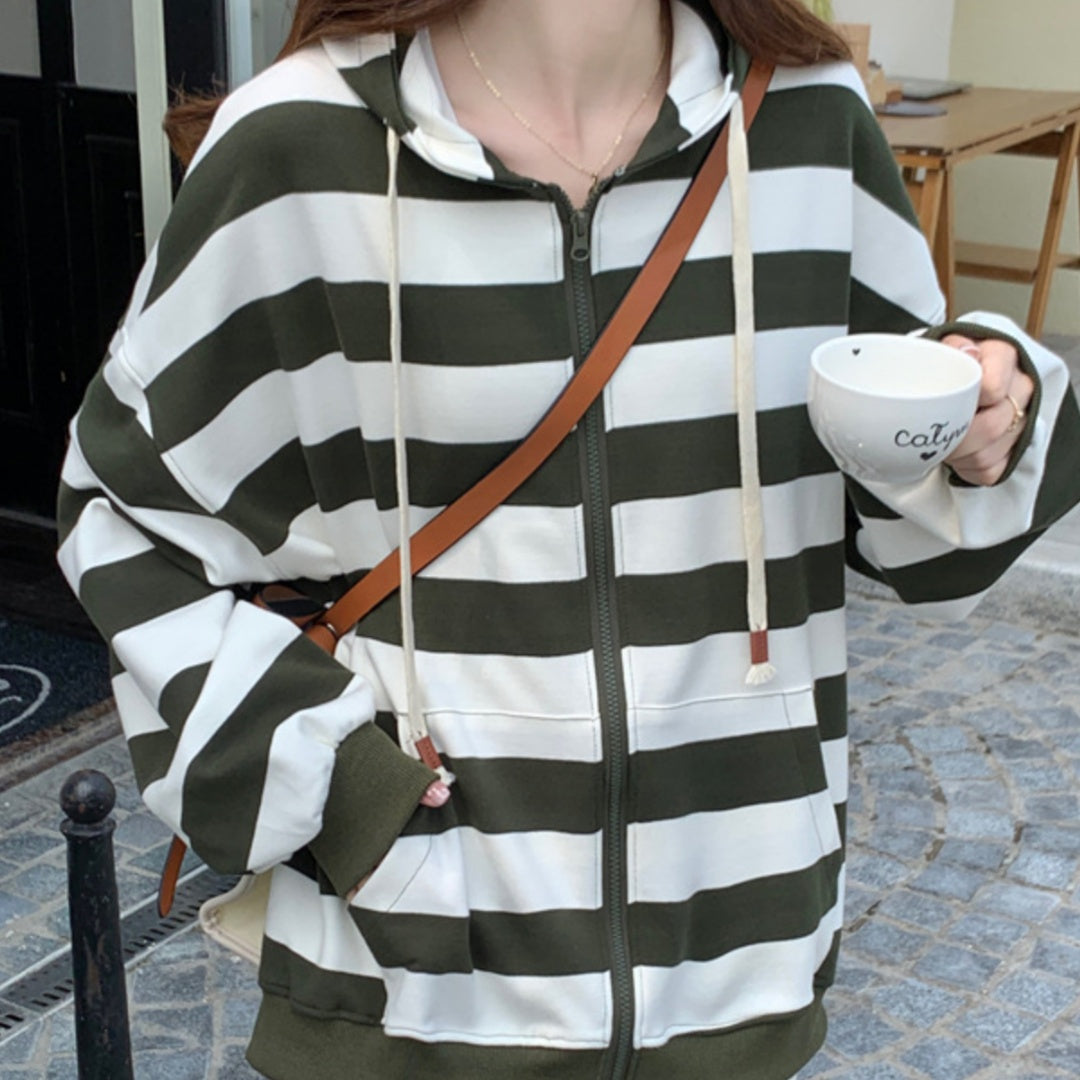 Striped Hooded Sweater Women's Loose Cardigan Zipper Coat