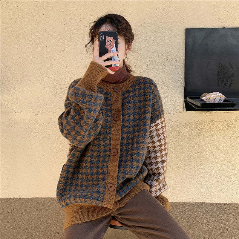Alsidig løs houndstooth cardigan-sweater
