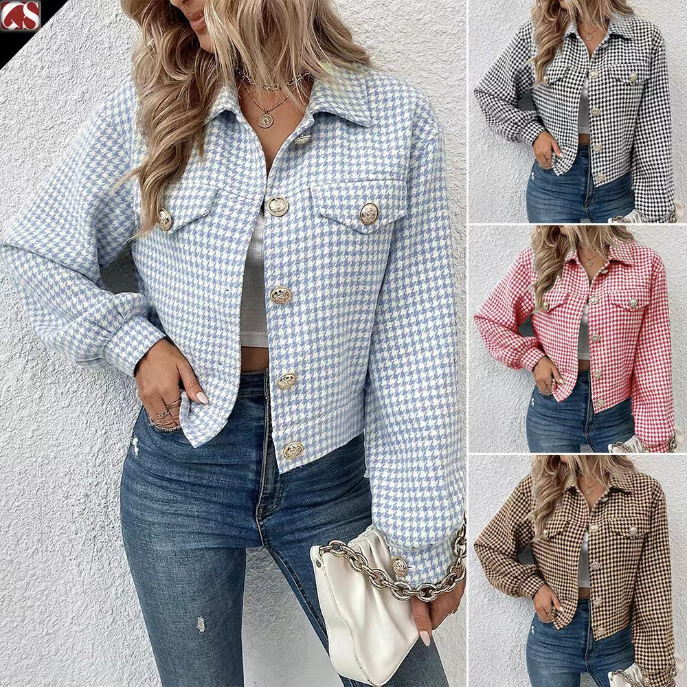 Women's Coat Lapel Single Breasted Houndstooth Jacket