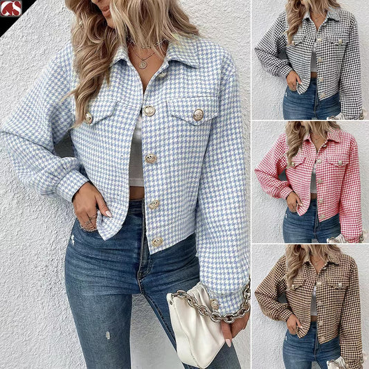 Women's Coat Lapel Single Breasted Houndstooth Jacket