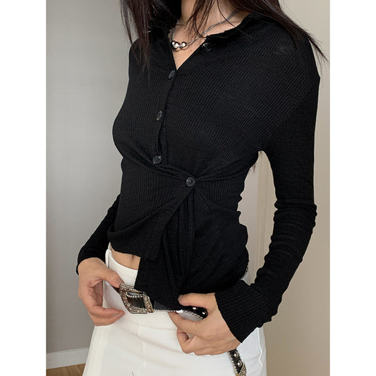 Casual Asymmetrical Button-up Lapel Long-sleeve Top