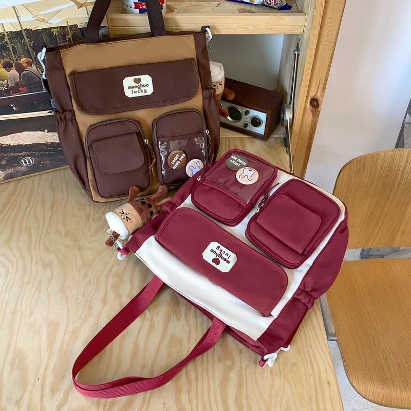 Retro Color Blocking Large Capacity Shoulder Bag For Soft Girls