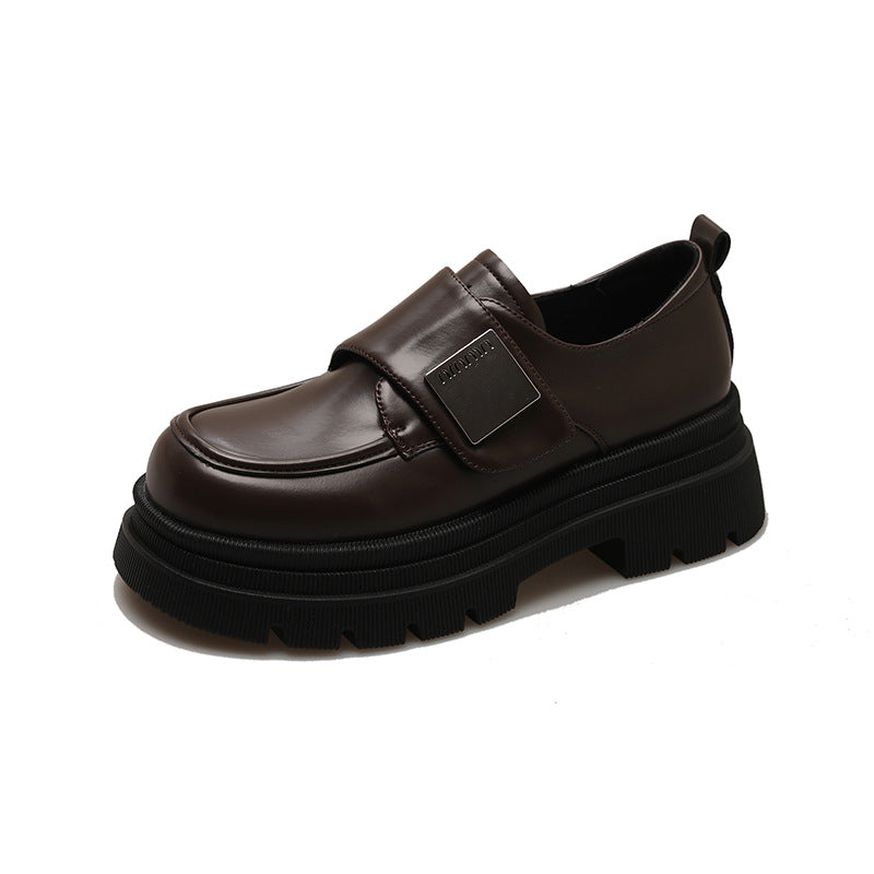 Women's Black Chunky Heel Leather Shoes British Style