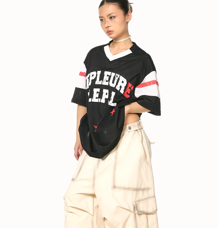 American Retro Patchwork V-neck Short Sleeve