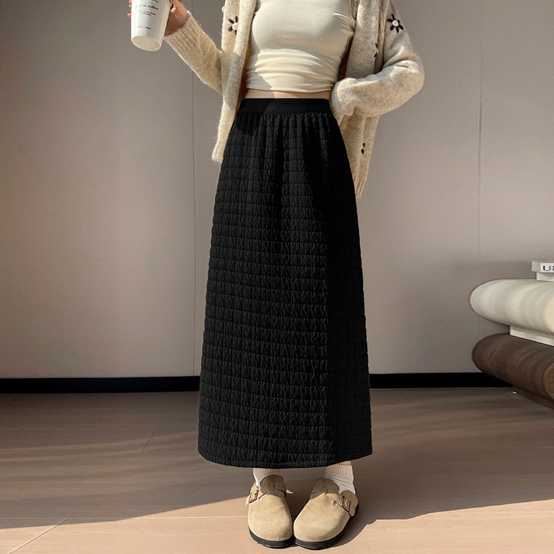 New FallWinter Plaid-Trimmed Denim Straight Skirt