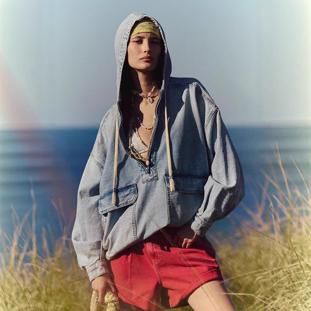 Stylish Relaxed-fit Washed Denim Long Sleeve Hoodie