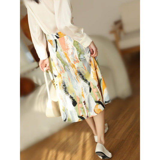 Oil Painting Painted Print High Waist Slimming A- Line Skirt