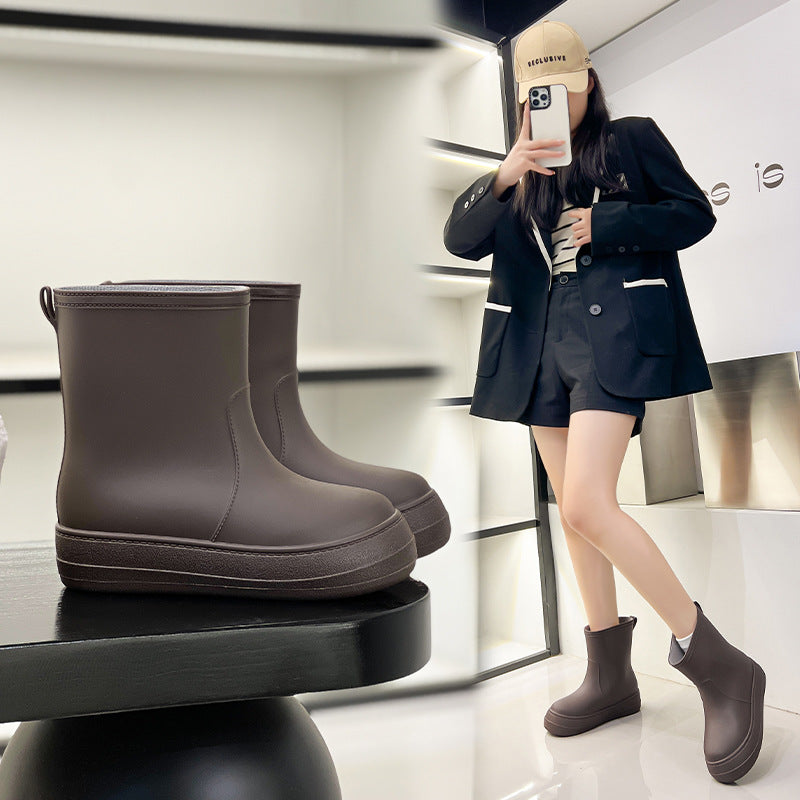 Women's Flat Mid-calf Rain Boots Non-slip Rubber Shoes