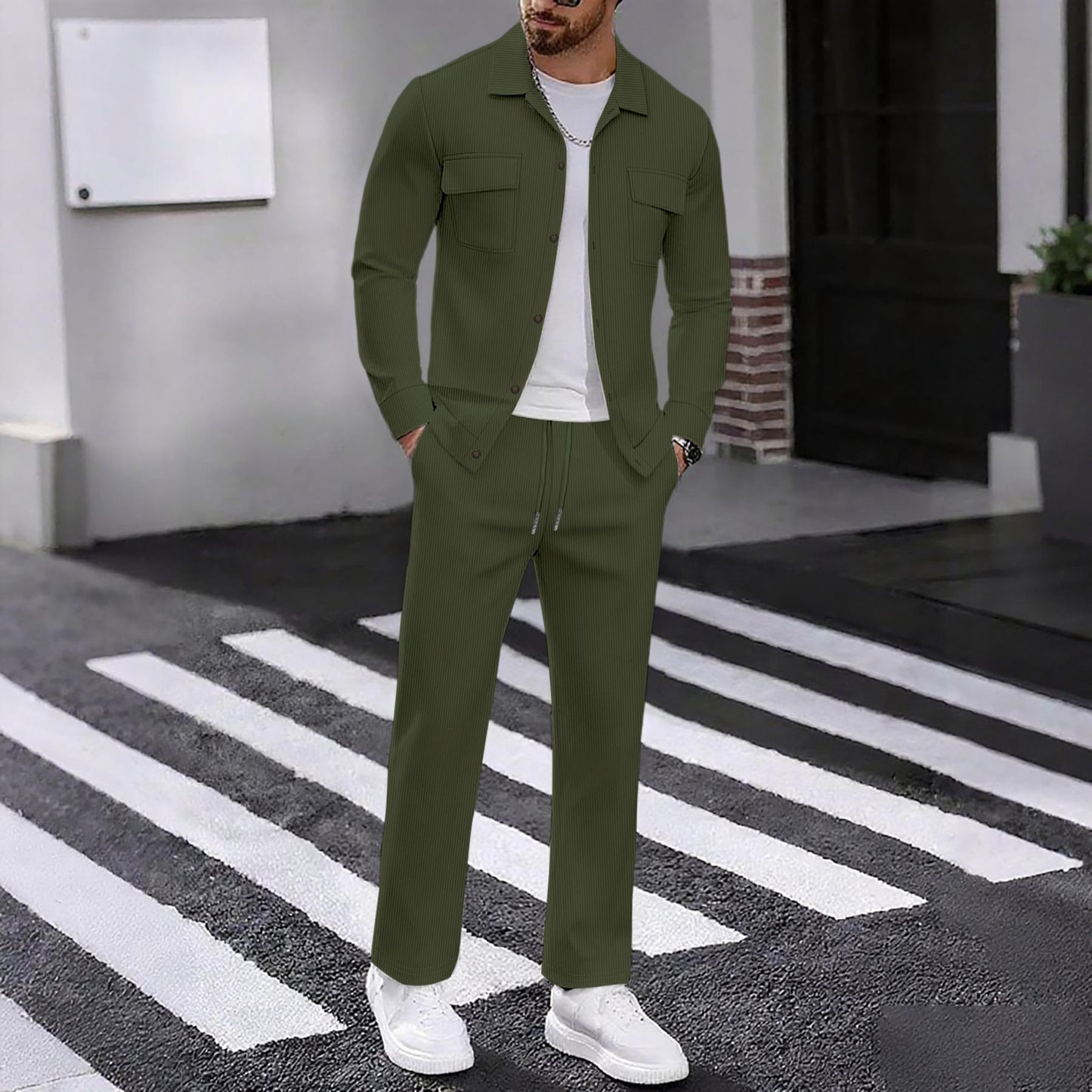 Two-piece Set Featuring A Button-up Collar Long Sleeves And Long Pants