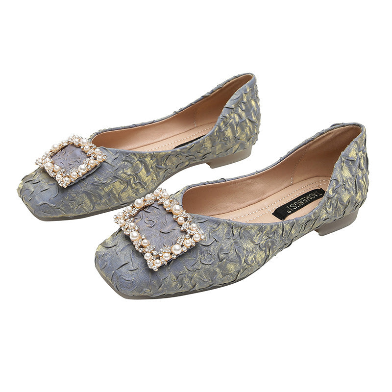 Women's Flat Bottom Shallow Mouth Square Toe Soft Leather Shoes