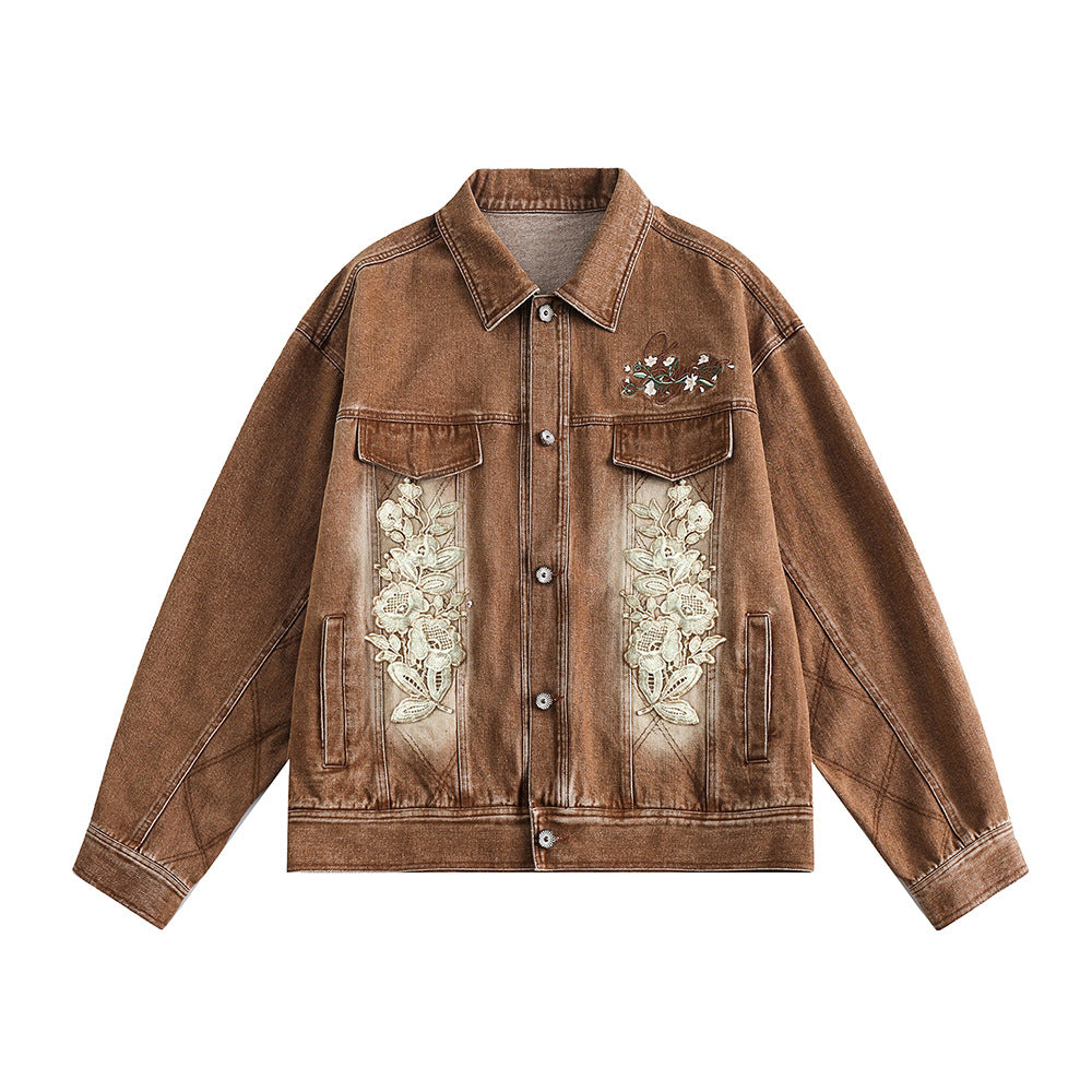 Floral Embroidery Spray Painting Denim Jacket Men Punk