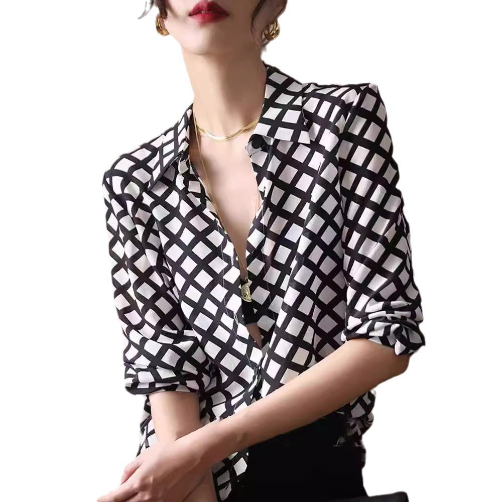 Womens Retro High-End Silk Satin Black And White Plaid Shirt