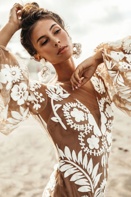 Mesh Embroidered Puff Sleeve Backless Dress Gown New Style