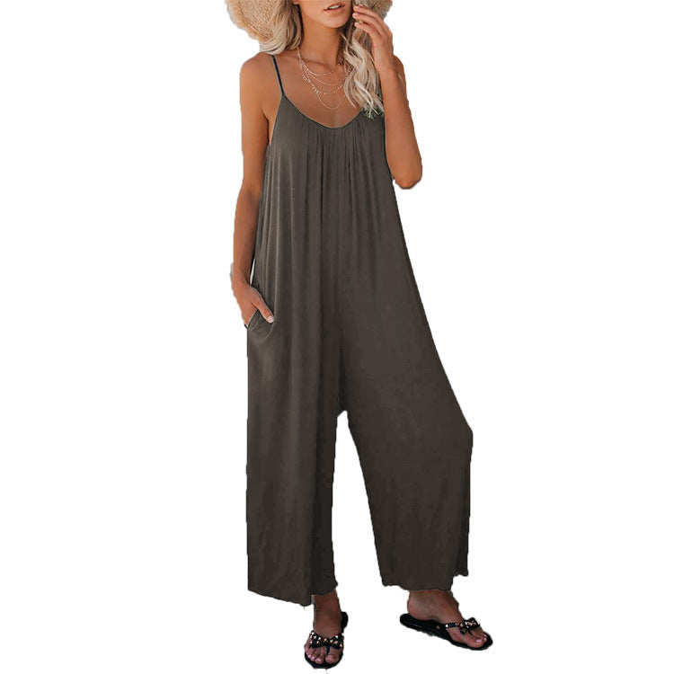 Women's Fashion Solid Color Pocket Loose Casual Sling Jumpsuit
