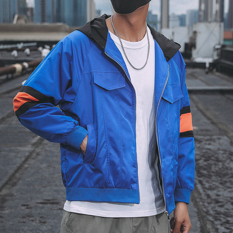 Workwear Hooded Jacket Men's Loose Plus Fat Plus Size Contrast Stitching Jacket