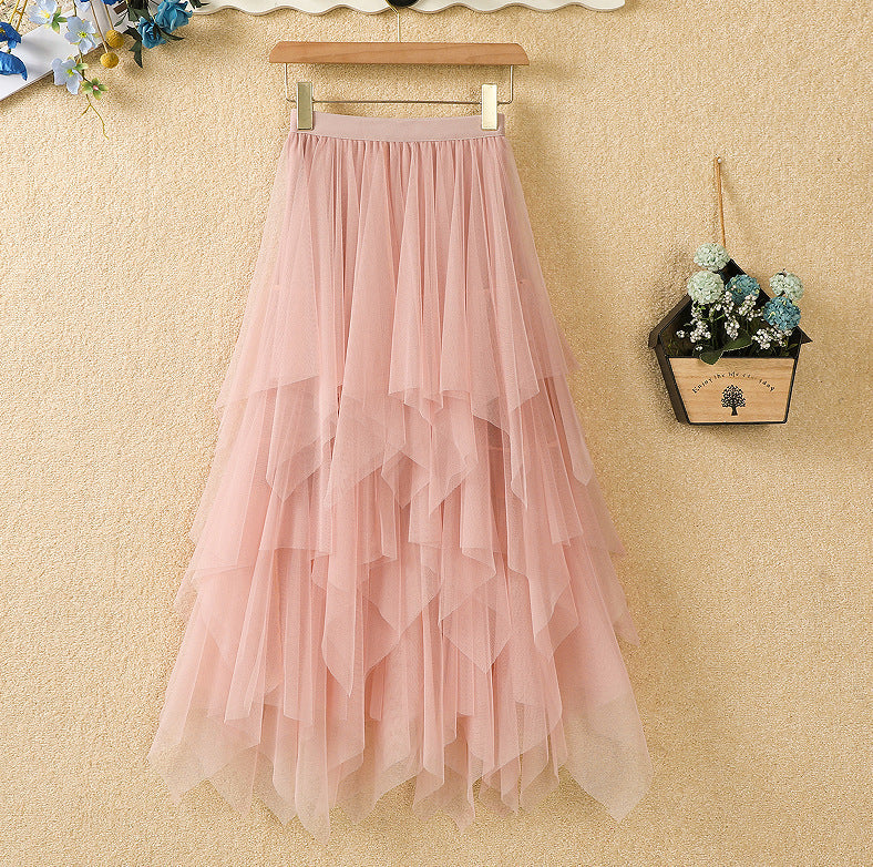 Women's Solid-Color Versatile Asymmetrical Mesh Skirt
