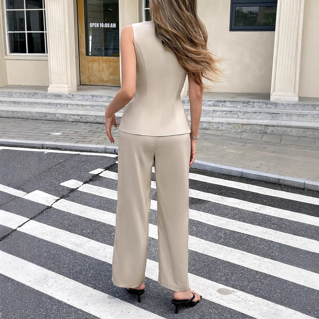 Solid-color Elegant Wide-leg Pants With A Rose-button Square-neck Sleeveless Vest