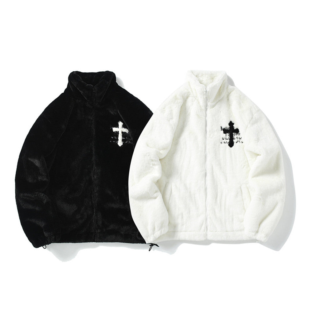 Men's Hip Hop Letter Embroidered  Rabbit Fur Jacket
