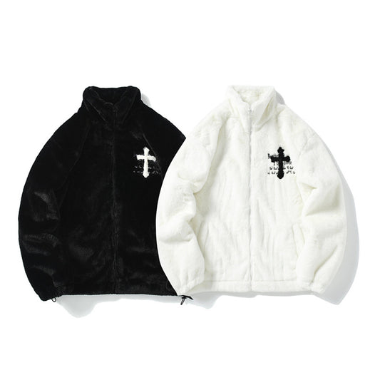 Men's Hip Hop Letter Embroidered  Rabbit Fur Jacket