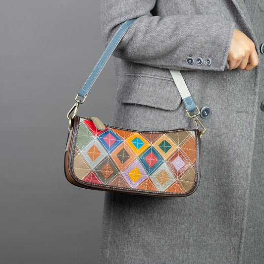 Niche-design Cowhide Leather Bag Underarm Bag Color-block Vintage Shoulder Bag Mini Bag