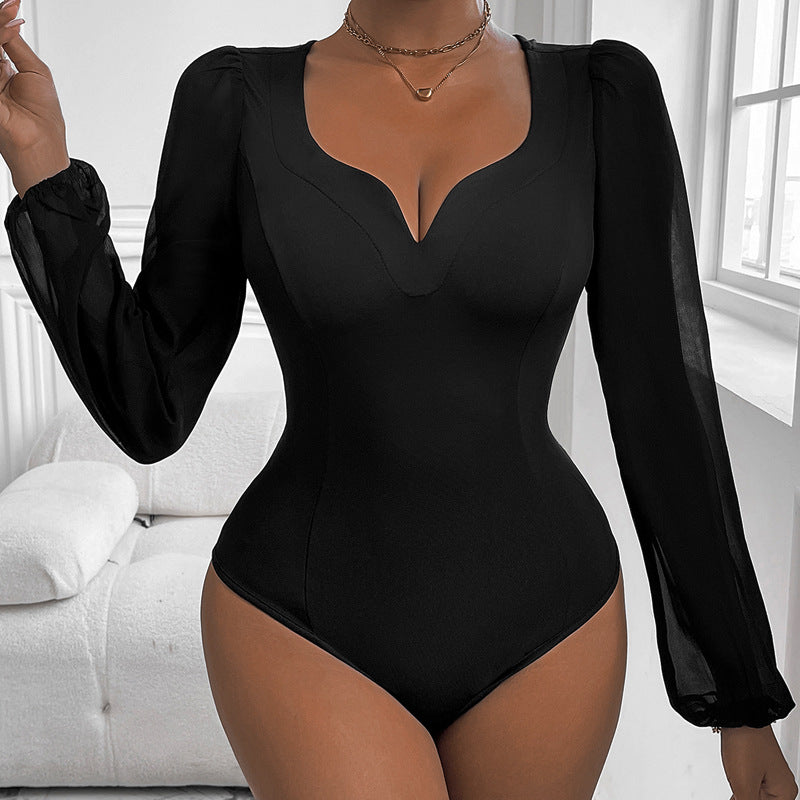 Mesh-jumpsuit til damer med V-udskæring og patchwork