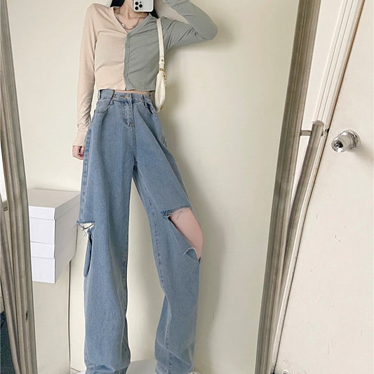 Ripped Jeans med Lige Pasform, Høj Talje og Løs Pasform, Flatterende