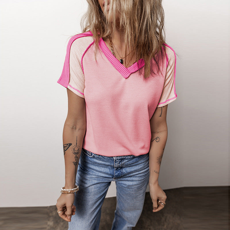 Women's V-neck Knitted Short-sleeved Shirt T-shirt