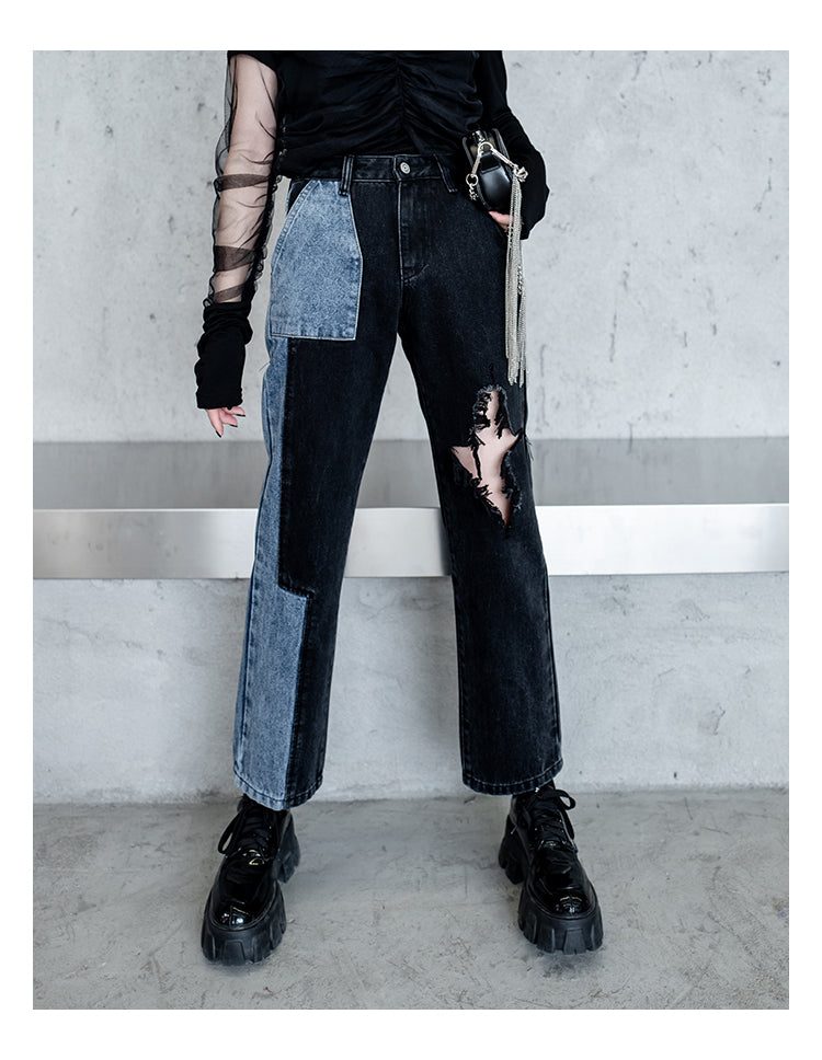Spring And Autumn Ripped Straight-leg Jeans