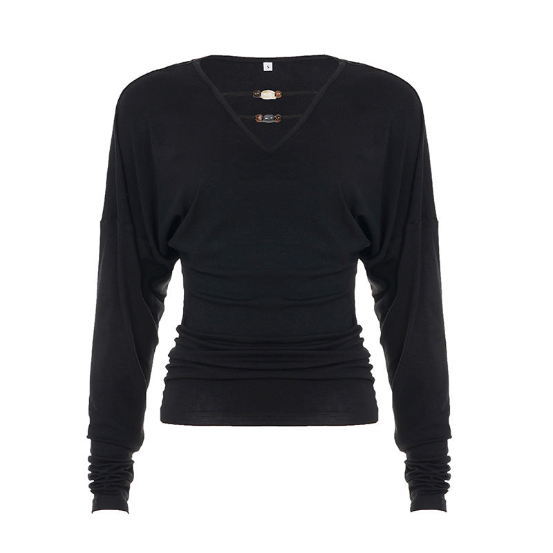 V-neck Beaded Waist-cinching Ruffled Slimming Casual Top