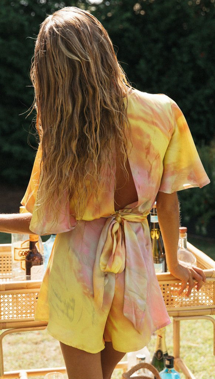 Women's Tie Dye Print Irregular V Neck Backless Tie Jumpsuit