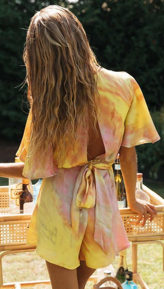 Women's Tie Dye Print Irregular V Neck Backless Tie Jumpsuit