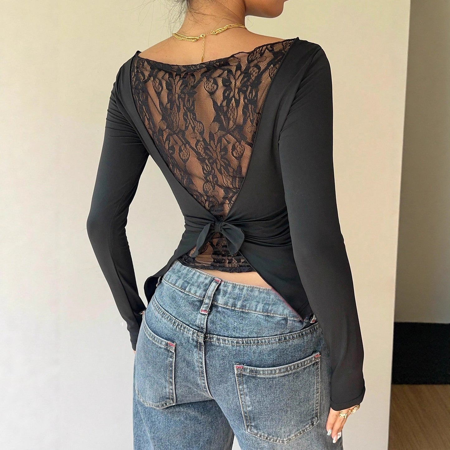 Women's Lace Bow Back Slim Long Sleeve