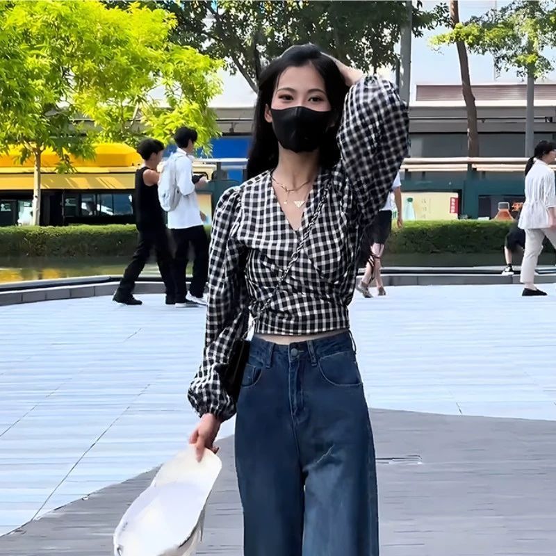 Vintage Plaid V-neck Long-sleeved Shirt
