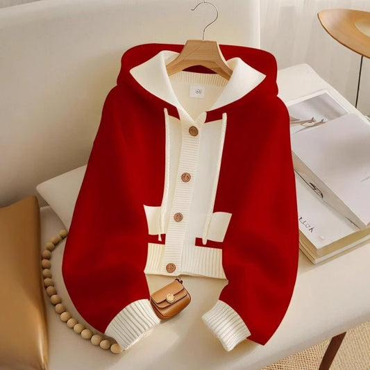 Red Hooded Single-breasted Knitted Cardigan Jacket