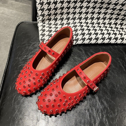 Sheepskin Round Toe Rhinestone Rivet Mary Jane Shoes Women's Flat Dancing Shoes