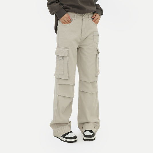 Retro Overalls Solid Color Straight Pleated Paratrooper Pants