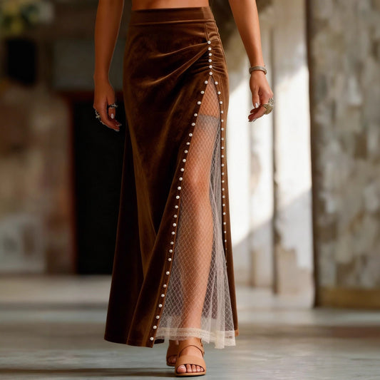 Kvinder Retro Western Mesh Patchwork Perlebesat Lang Nederdel