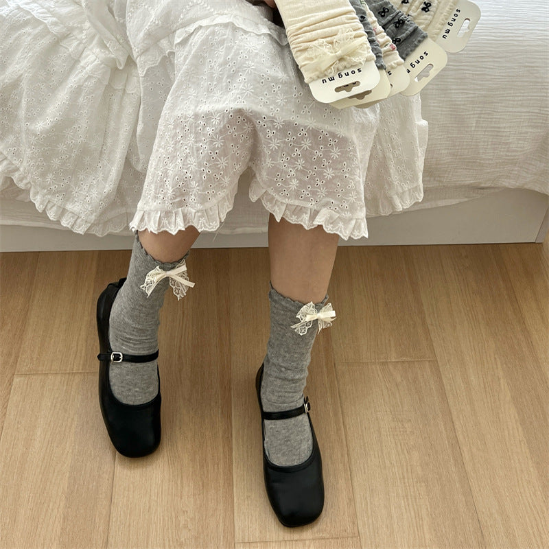 Thin Mesh Hollow Out Floral Bow Mid-calf Length Loose Socks Breathable Sweat Absorbing
